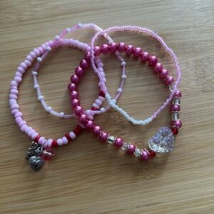 Pink Beaded Heart Charm Bracelet Set